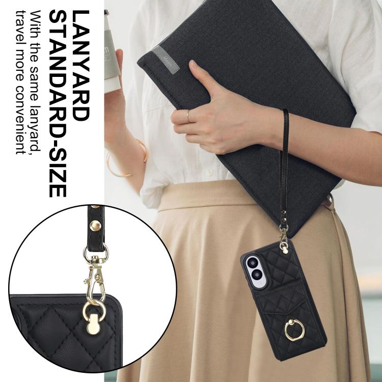 Rhombic Texture Card Bag Phone Case with Long Lanyard