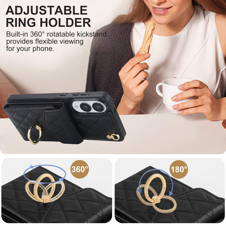 Rhombic Texture Card Bag Phone Case with Long Lanyard