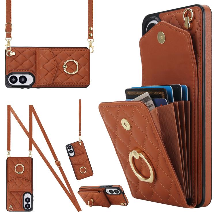 Rhombic Texture Card Bag Phone Case with Long Lanyard
