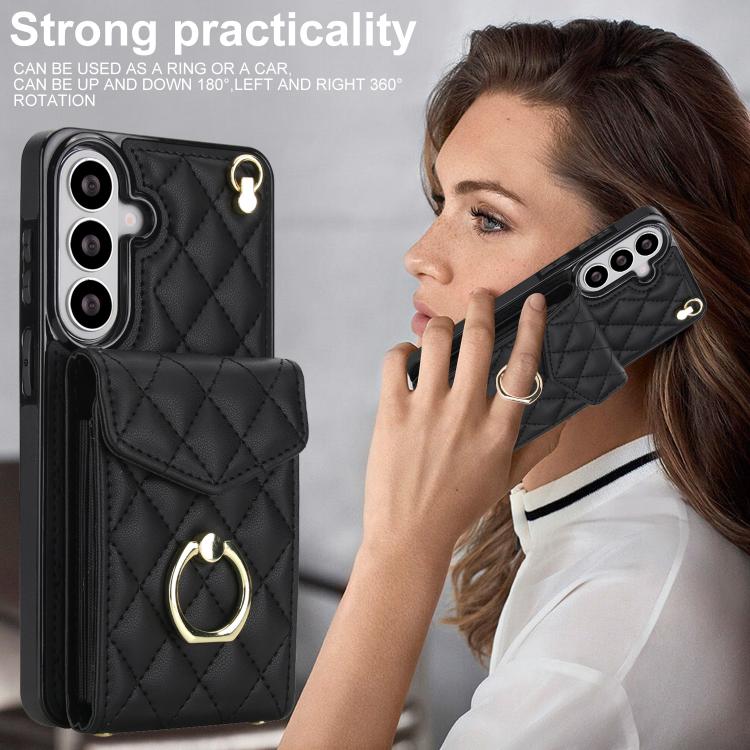 Rhombic Texture Card Bag Phone Case with Long Lanyard, For Samsung Galaxy S26+ 5G, For Samsung Galaxy S26 Ultra 5G, For Samsung Galaxy S26 5G