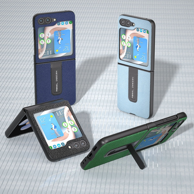 Black Edge Genuine Leather Mino Phone Case with Holder, For Samsung Galaxy Z Flip5, For Samsung Galaxy Z Flip4