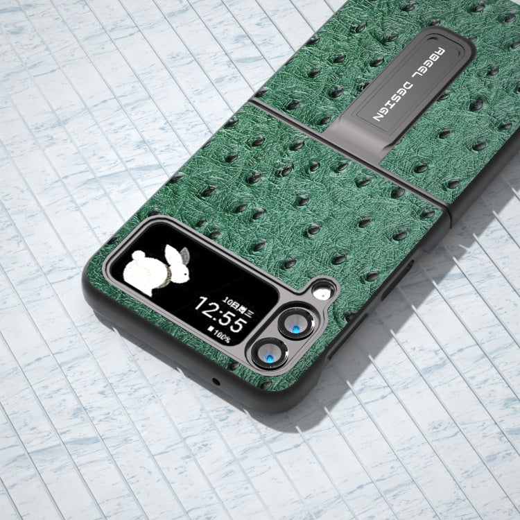 Genuine Leather Ostrich Texture Phone Case with Holder, For Samsung Galaxy Z Flip4