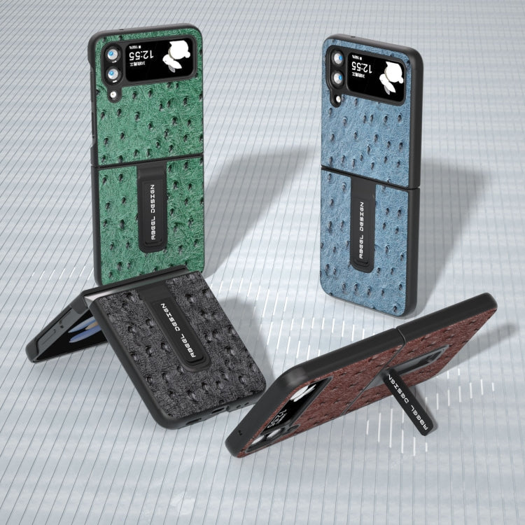 Genuine Leather Ostrich Texture Phone Case with Holder, For Samsung Galaxy Z Flip4