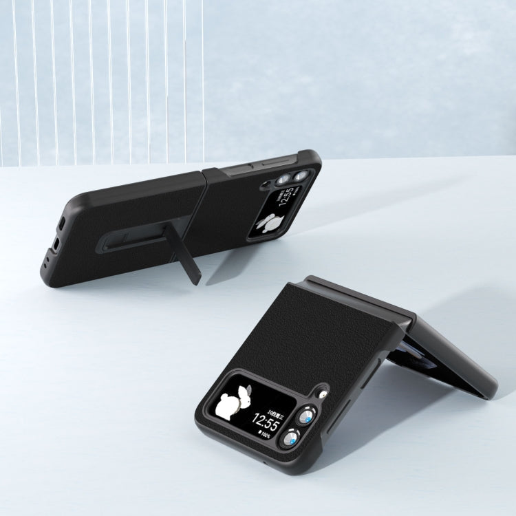 ABEEL Genuine Leather Wave Black Edge Phone Case with Holder, For Samsung Galaxy Z Flip4, For Samsung Galaxy Z Flip5