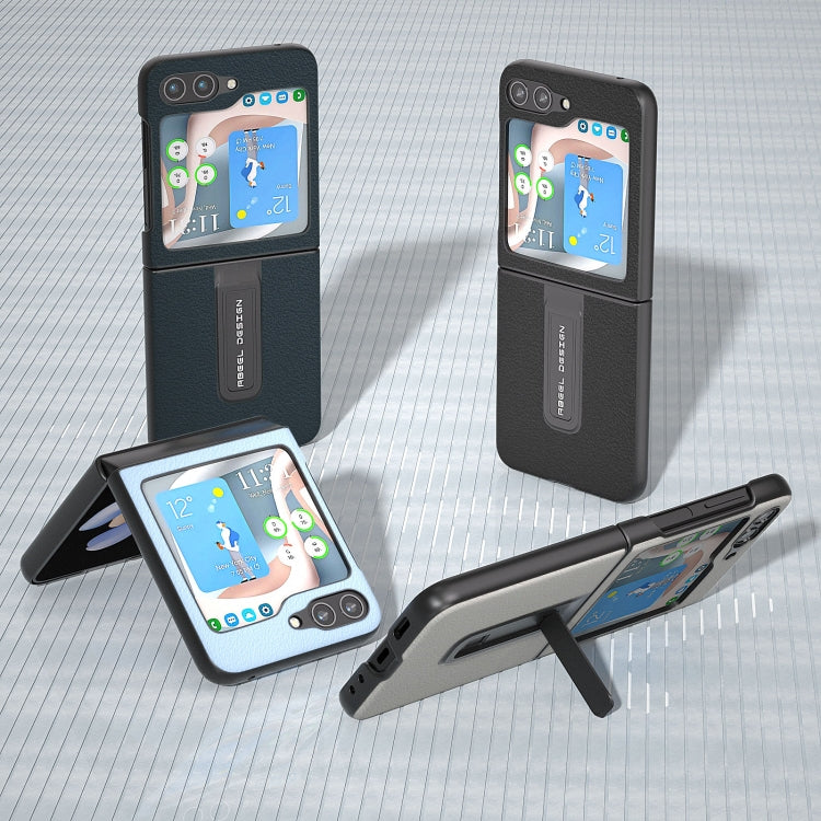ABEEL Genuine Leather Wave Black Edge Phone Case with Holder, For Samsung Galaxy Z Flip5, For Samsung Galaxy Z Flip4