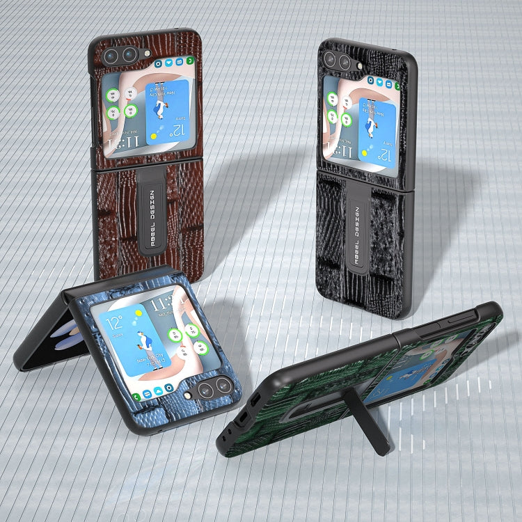 ABEEL Genuine Leather Mahjong Texture Series Phone Case with Holder, For Samsung Galaxy Z Flip5, For Samsung Galaxy Z Flip4