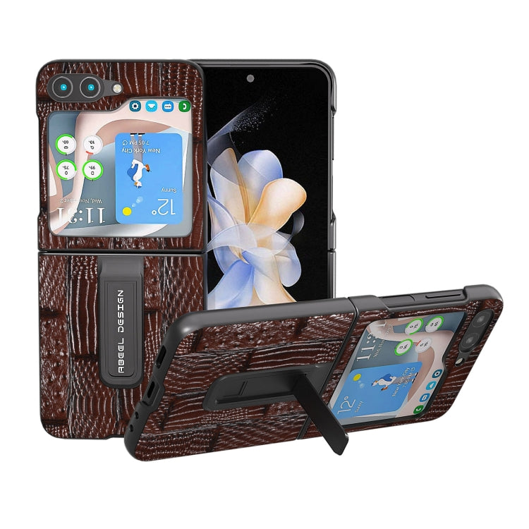 ABEEL Genuine Leather Mahjong Texture Series Phone Case with Holder, For Samsung Galaxy Z Flip5, For Samsung Galaxy Z Flip4