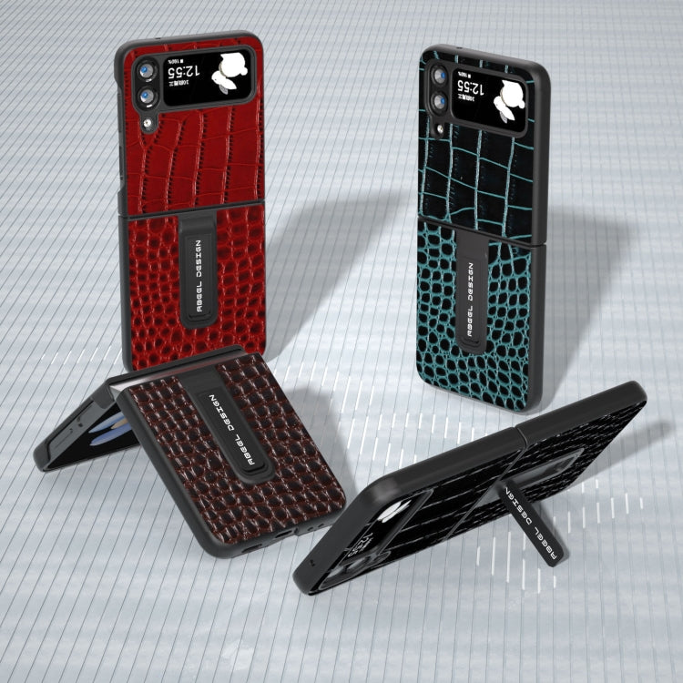 ABEEL Genuine Leather Crocodile Pattern Phone Case with Holder, For Samsung Galaxy Z Flip4, For Samsung Galaxy Z Flip5