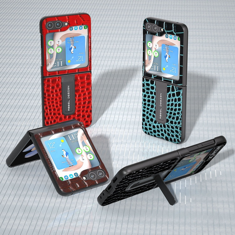 ABEEL Genuine Leather Crocodile Pattern Phone Case with Holder, For Samsung Galaxy Z Flip5, For Samsung Galaxy Z Flip4