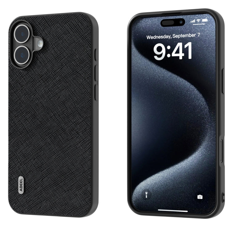 ABEEL Cross Texture Genuine Leather Phone Case, For iPhone 16 Pro Max, For iPhone 16 Pro, For iPhone 16 Plus, For iPhone 16, For iPhone 15 Pro Max, For iPhone 15 Pro