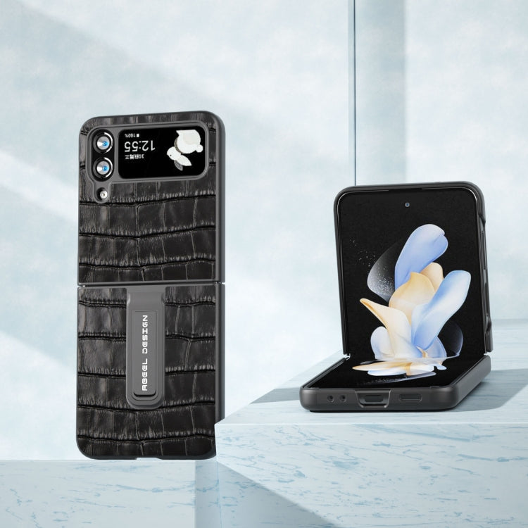 Crocodile Texture Genuine Leather Phone Case with Holder, For Samsung Galaxy Z Flip4, For Samsung Galaxy Z Flip3 5G