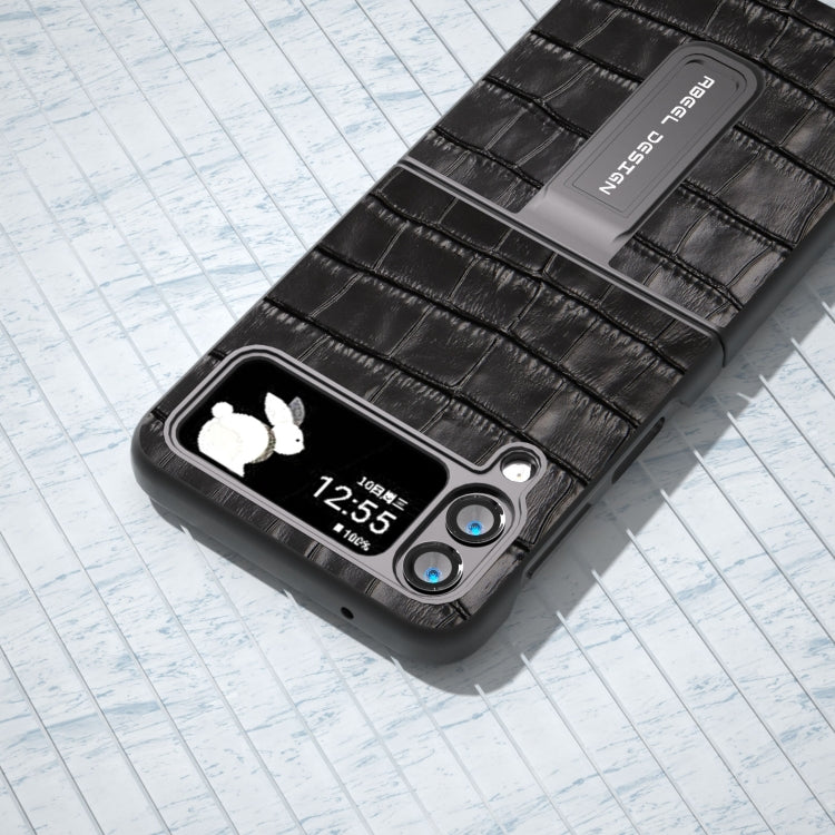 Crocodile Texture Genuine Leather Phone Case with Holder, For Samsung Galaxy Z Flip4, For Samsung Galaxy Z Flip3 5G