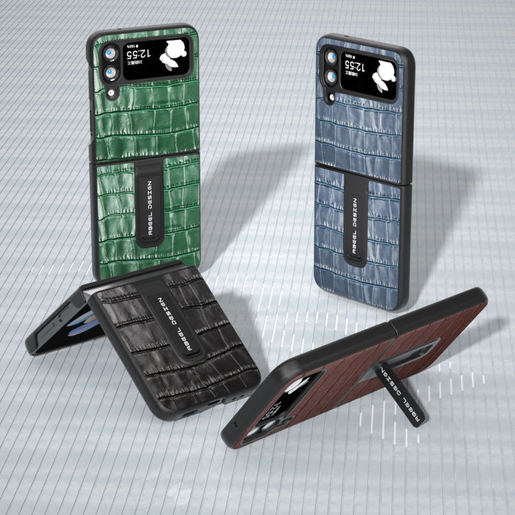 Crocodile Texture Genuine Leather Phone Case with Holder, For Samsung Galaxy Z Flip4, For Samsung Galaxy Z Flip3 5G