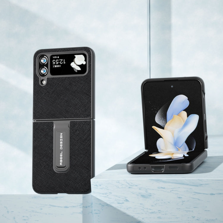 Cross Texture Genuine Leather Phone Case with Holder, For Samsung Galaxy Z Flip4, For Samsung Galaxy Z Flip3 5G