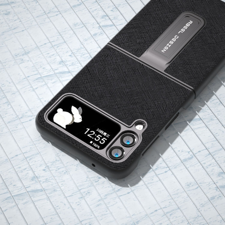 Cross Texture Genuine Leather Phone Case with Holder, For Samsung Galaxy Z Flip4, For Samsung Galaxy Z Flip3 5G