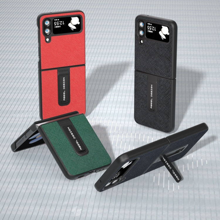 Cross Texture Genuine Leather Phone Case with Holder, For Samsung Galaxy Z Flip4, For Samsung Galaxy Z Flip3 5G