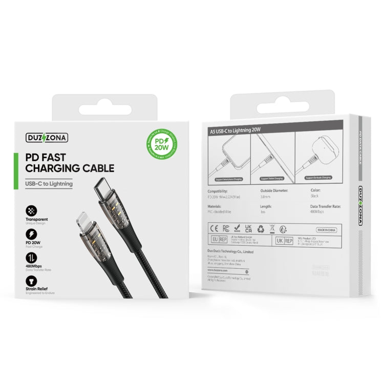 Câble de données et de charge rapide transparent DUZZONA A5 PD 20 W USB-C/Type-C vers 8 broches, longueur : 1 m, A5