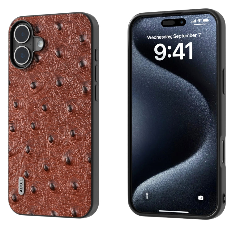 ABEEL Genuine Leather Ostrich Texture Phone Case, For iPhone 16 Pro Max, For iPhone 16 Pro, For iPhone 16 Plus, For iPhone 16, For iPhone 15 Pro Max, For iPhone 15 Pro
