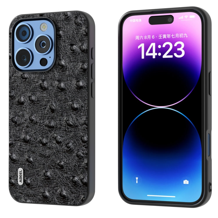 ABEEL Genuine Leather Ostrich Texture Phone Case, For iPhone 16 Pro Max, For iPhone 16 Pro, For iPhone 16 Plus, For iPhone 16, For iPhone 15 Pro Max, For iPhone 15 Pro