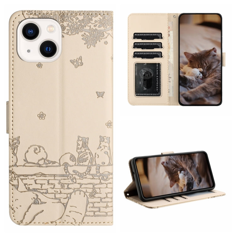 Cat Embossing Pattern Leather Phone Case with Lanyard, For iPhone 15, For iPhone 14 Plus, For iPhone 14, For iPhone 14 Pro