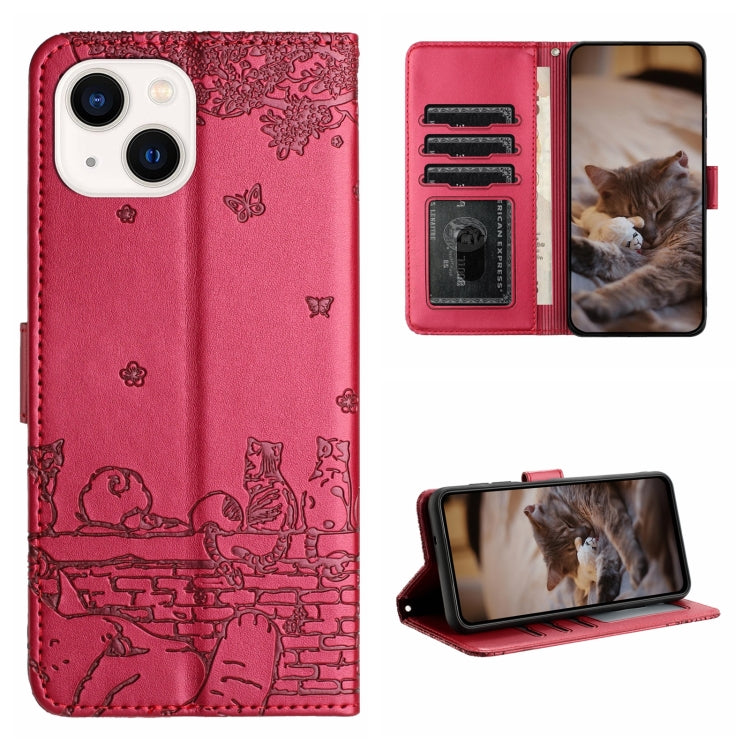 Cat Embossing Pattern Leather Phone Case with Lanyard, For iPhone 15, For iPhone 14 Plus, For iPhone 14, For iPhone 14 Pro