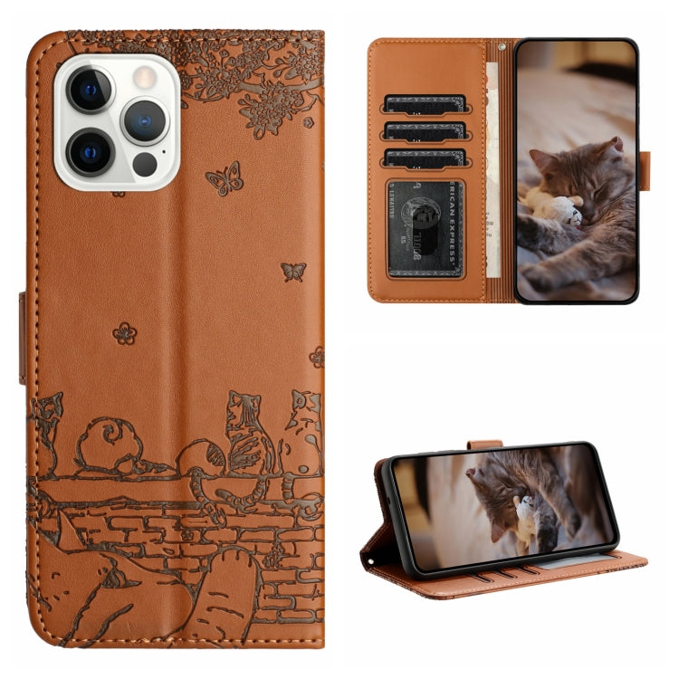 Cat Embossing Pattern Leather Phone Case with Lanyard, For iPhone 15, For iPhone 14 Plus, For iPhone 14, For iPhone 14 Pro