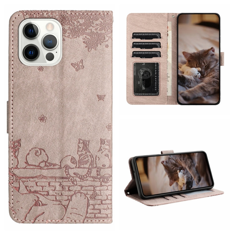 Cat Embossing Pattern Leather Phone Case with Lanyard, For iPhone 15, For iPhone 14 Plus, For iPhone 14, For iPhone 14 Pro