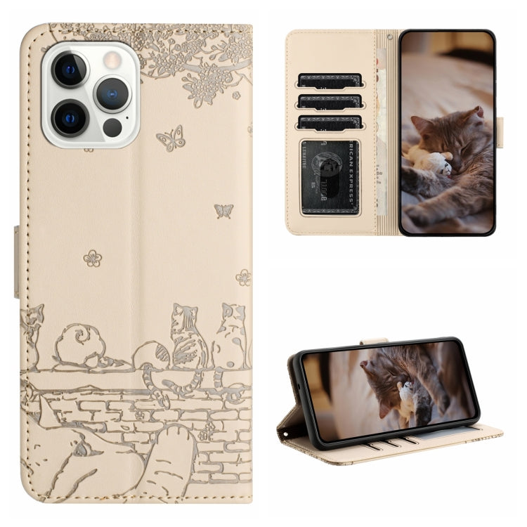 Cat Embossing Pattern Leather Phone Case with Lanyard, For iPhone 16, For iPhone 15 Pro Max, For iPhone 15 Pro, For iPhone 15 Plus