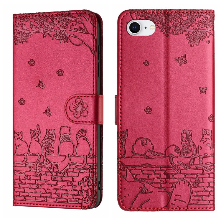 Cat Embossing Pattern Leather Phone Case with Lanyard, For iPhone 16 Pro Max, For iPhone 16 Pro, For iPhone 16 Plus, For iPhone 16