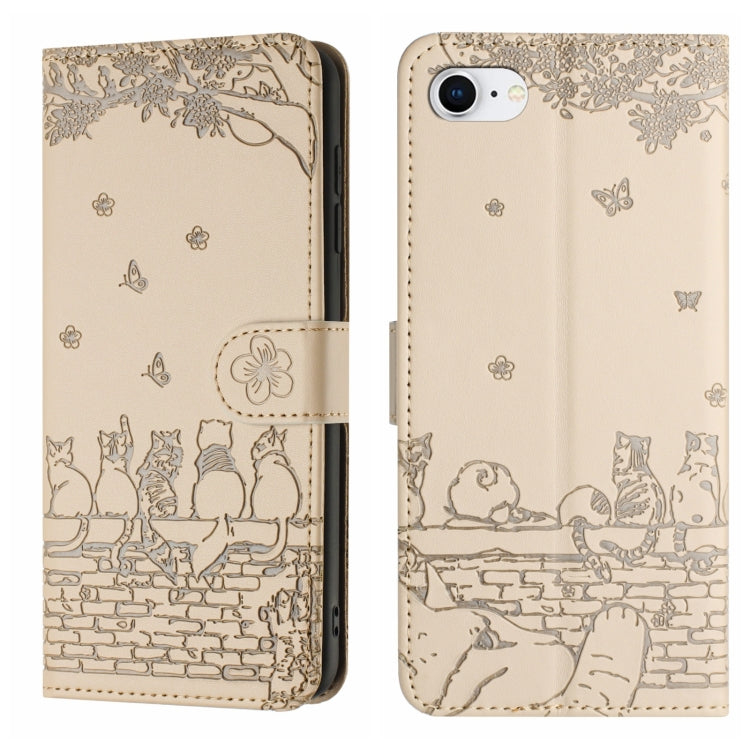 Cat Embossing Pattern Leather Phone Case with Lanyard, For iPhone 16 Pro Max, For iPhone 16 Pro, For iPhone 16 Plus, For iPhone 16