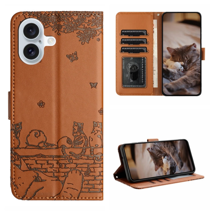 Cat Embossing Pattern Leather Phone Case with Lanyard, iPhone 16e, For iPhone 15 Pro Max, For iPhone 15 Pro, For iPhone 15 Plus