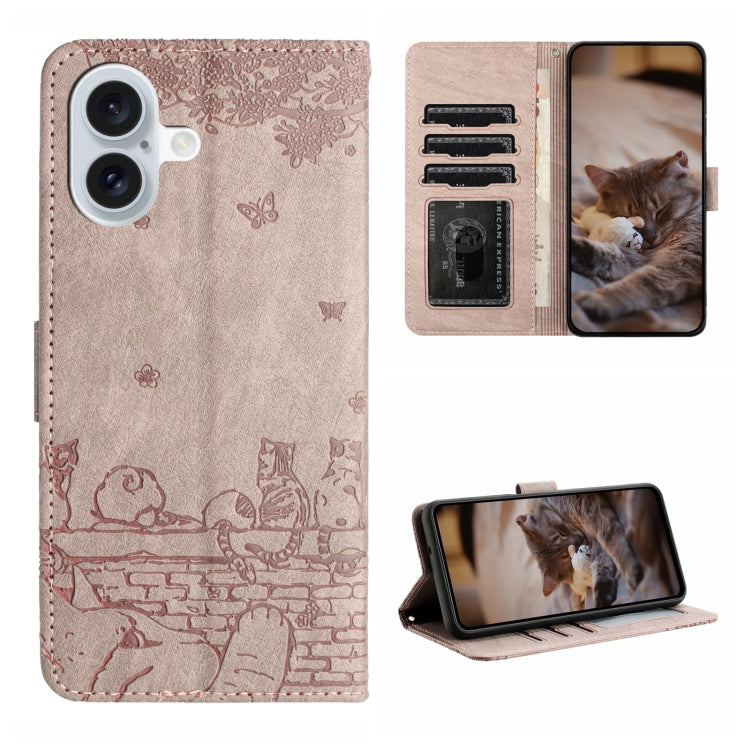 Cat Embossing Pattern Leather Phone Case with Lanyard, For iPhone 16, For iPhone 15 Pro Max, For iPhone 15 Pro, For iPhone 15 Plus