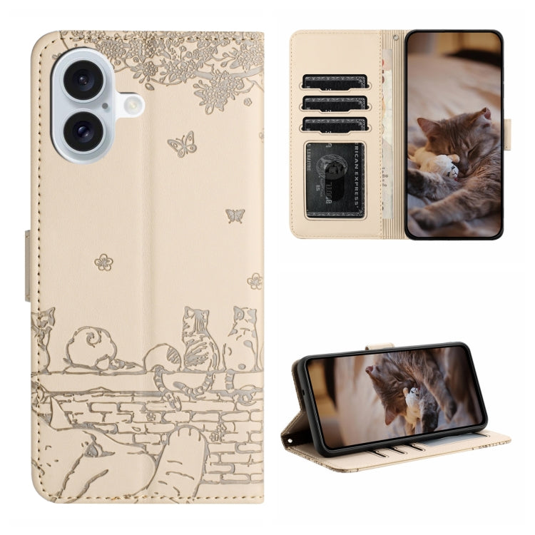 Cat Embossing Pattern Leather Phone Case with Lanyard, For iPhone 16, For iPhone 15 Pro Max, For iPhone 15 Pro, For iPhone 15 Plus