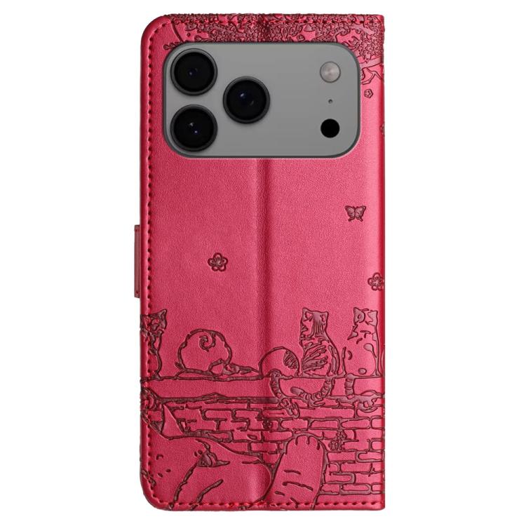 Cat Embossing Pattern Leather Phone Case with Lanyard, For iPhone 16 Pro Max, For iPhone 16 Pro, For iPhone 16 Plus, For iPhone 16