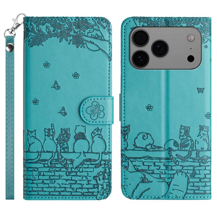 Cat Embossing Pattern Leather Phone Case with Lanyard, For iPhone 16 Pro Max, For iPhone 16 Pro, For iPhone 16 Plus, For iPhone 16