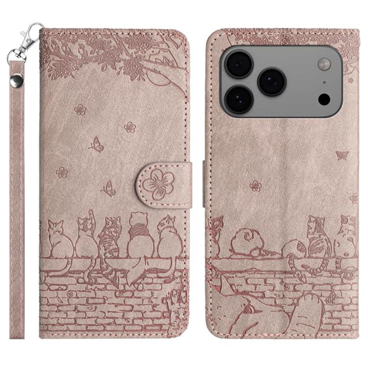 Cat Embossing Pattern Leather Phone Case with Lanyard, For iPhone 16 Pro Max, For iPhone 16 Pro, For iPhone 16 Plus, For iPhone 16