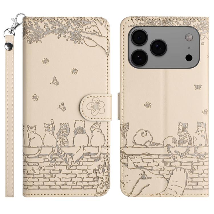 Cat Embossing Pattern Leather Phone Case with Lanyard, For iPhone 16 Pro Max, For iPhone 16 Pro, For iPhone 16 Plus, For iPhone 16