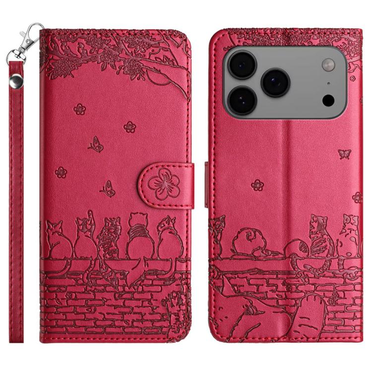 Cat Embossing Pattern Leather Phone Case with Lanyard, For iPhone 16 Pro Max, For iPhone 16 Pro, For iPhone 16 Plus, For iPhone 16