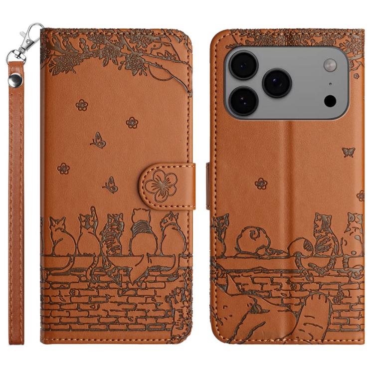 Cat Embossing Pattern Leather Phone Case with Lanyard, For iPhone 16 Pro Max, For iPhone 16 Pro, For iPhone 16 Plus, For iPhone 16