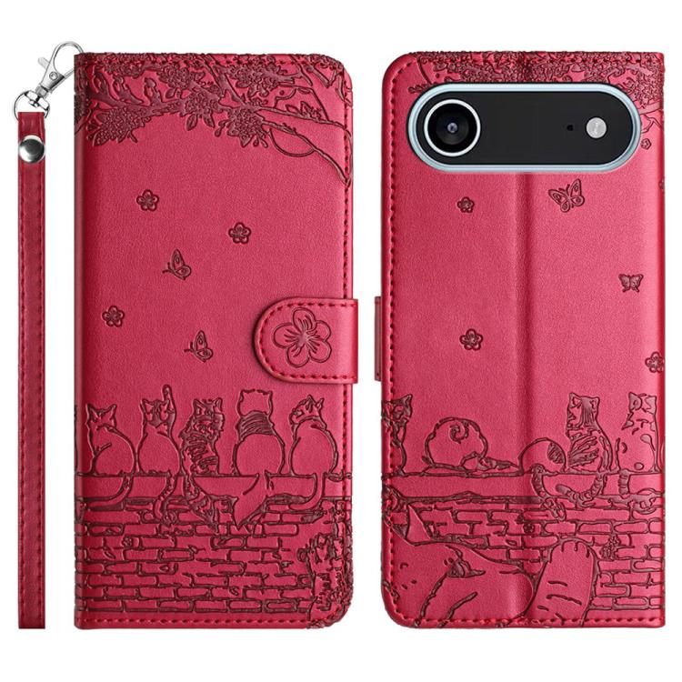 Cat Embossing Pattern Leather Phone Case with Lanyard, For iPhone 16 Pro Max, For iPhone 16 Pro, For iPhone 16 Plus, For iPhone 16