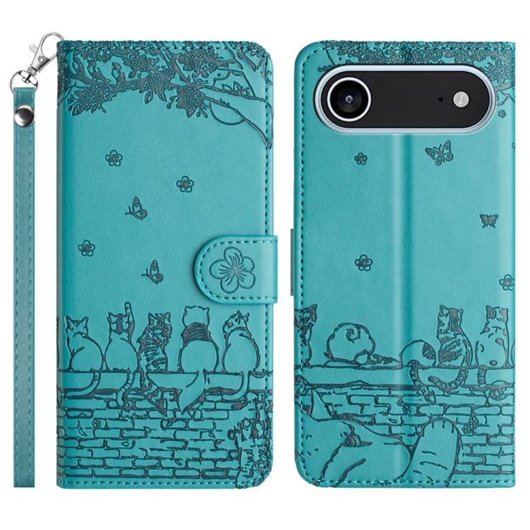 Cat Embossing Pattern Leather Phone Case with Lanyard, iPhone 16e, For iPhone 15 Pro Max, For iPhone 15 Pro, For iPhone 15 Plus