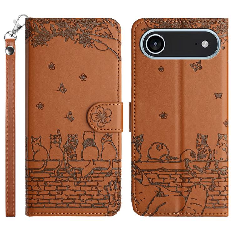 Cat Embossing Pattern Leather Phone Case with Lanyard, For iPhone 16 Pro Max, For iPhone 16 Pro, For iPhone 16 Plus, For iPhone 16