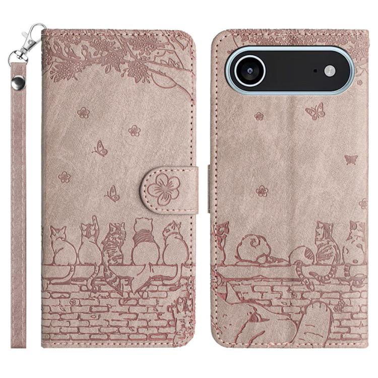 Cat Embossing Pattern Leather Phone Case with Lanyard, For iPhone 16 Pro Max, For iPhone 16 Pro, For iPhone 16 Plus, For iPhone 16