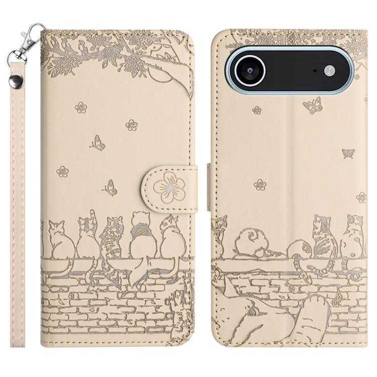 Cat Embossing Pattern Leather Phone Case with Lanyard, iPhone 16e, For iPhone 15 Pro Max, For iPhone 15 Pro, For iPhone 15 Plus