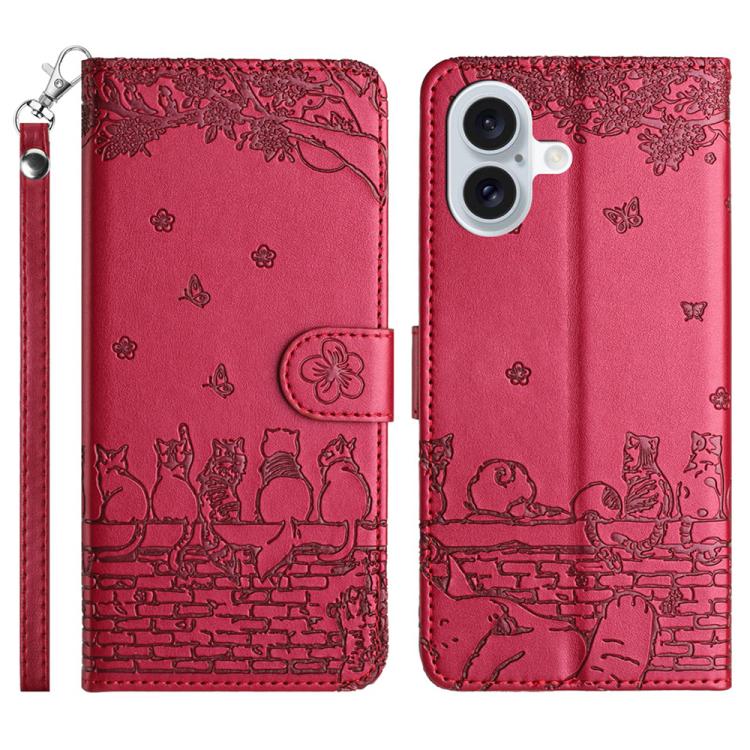 Cat Embossing Pattern Leather Phone Case with Lanyard, For iPhone 16 Pro Max, For iPhone 16 Pro, For iPhone 16 Plus, For iPhone 16