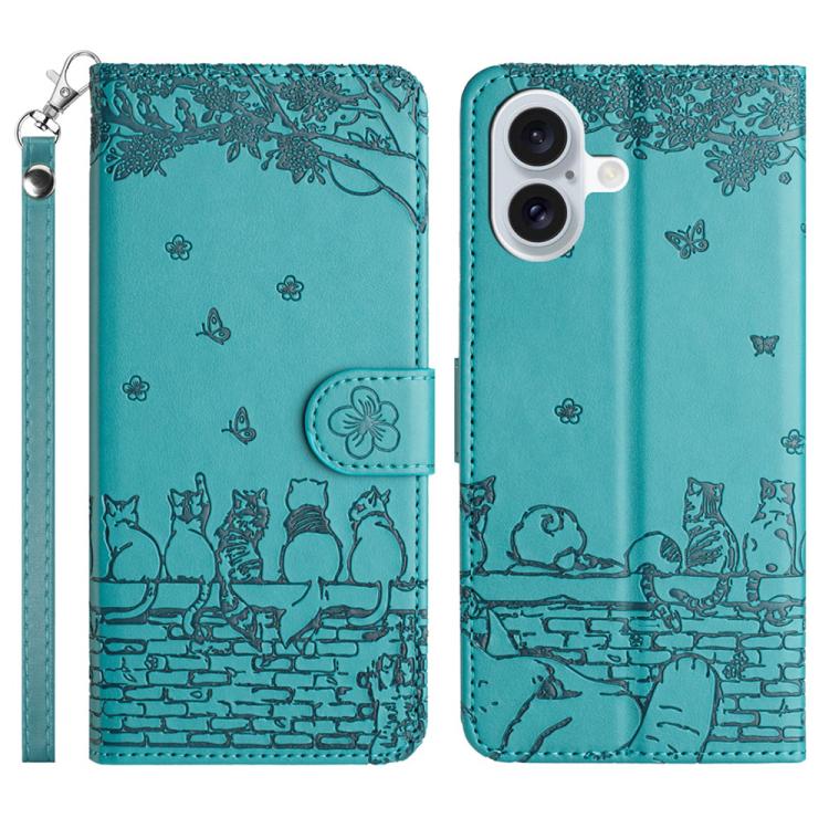 Cat Embossing Pattern Leather Phone Case with Lanyard, For iPhone 16 Pro Max, For iPhone 16 Pro, For iPhone 16 Plus, For iPhone 16