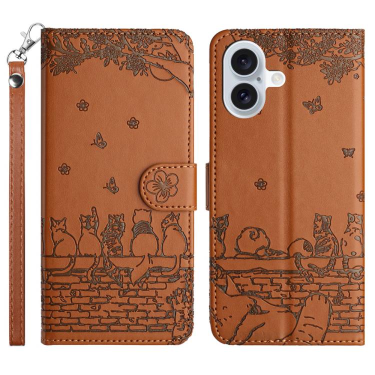 Cat Embossing Pattern Leather Phone Case with Lanyard, For iPhone 16 Pro Max, For iPhone 16 Pro, For iPhone 16 Plus, For iPhone 16