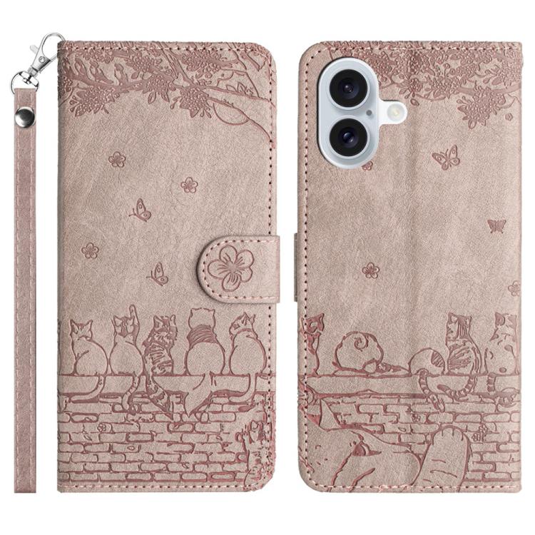 Cat Embossing Pattern Leather Phone Case with Lanyard, For iPhone 16 Pro Max, For iPhone 16 Pro, For iPhone 16 Plus, For iPhone 16