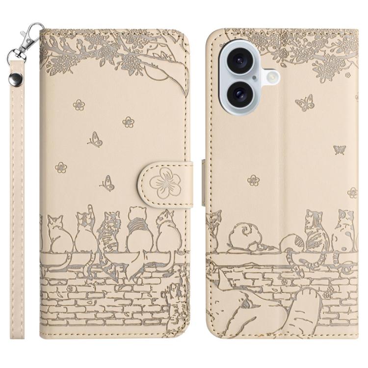 Cat Embossing Pattern Leather Phone Case with Lanyard, For iPhone 16 Pro Max, For iPhone 16 Pro, For iPhone 16 Plus, For iPhone 16