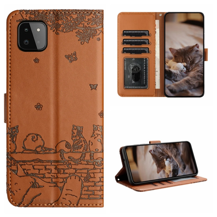 Cat Embossing Pattern Leather Phone Case with Lanyard